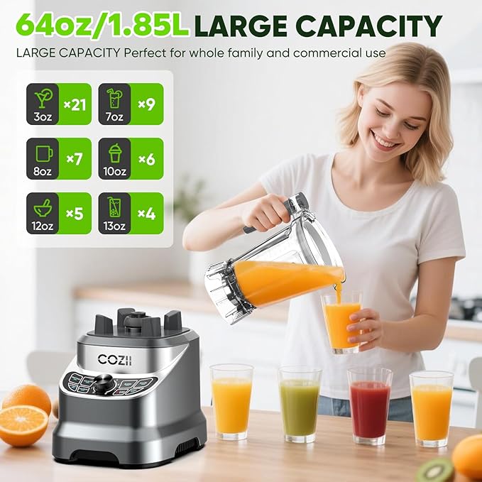 COZII Professional Blender 2000W, Smoothie Countertop Blenders for Kitchen, 64 Oz Pitcher/21-Oz To-go Cup, 7 Preset Programs for Ice Crush/Frozen Drinks/Dips/Nut Butter, High Speed, Dishwasher Safe