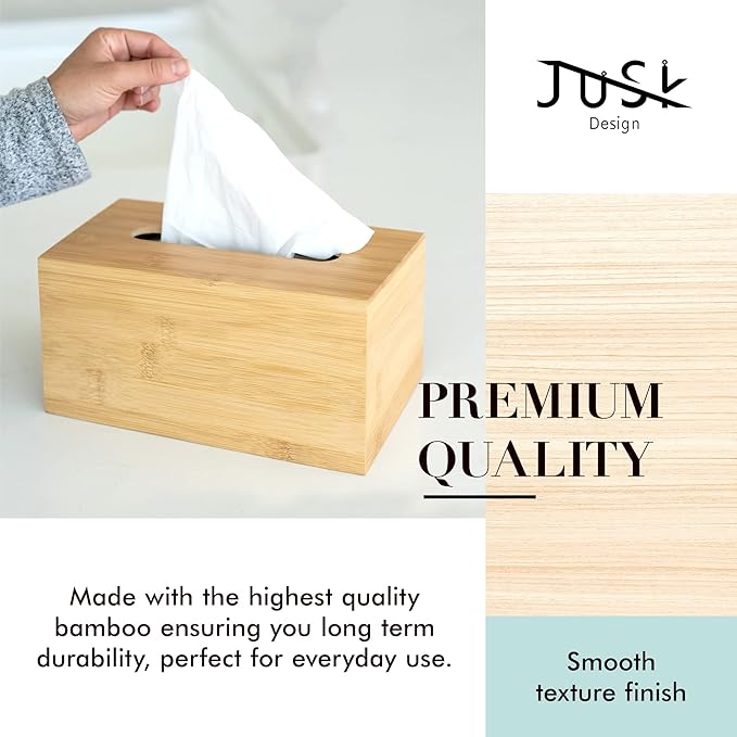 JUSK Design Tissue Box Holder - Modern, Minimalist, and Durable Wooden Tissue Box with Sliding Bottom, Easy-Refill- Premium-Quality Bamboo Tissue Box Cover, Fits 230-Count Box, Tall Rectangular