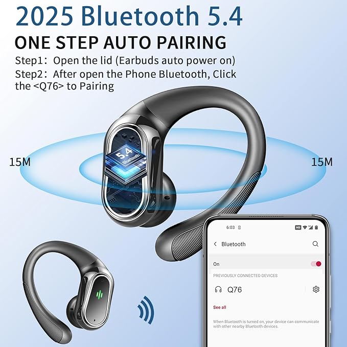 Wireless Earbuds, 2025 Bluetooth 5.4 Headphones Sport, 50Hrs HiFi Stereo Deep Bass Over-Ear buds with ENC Noise Cancelling Mic, IP7 Waterproof & LED Display Earphones with Earhooks for Workout/Running