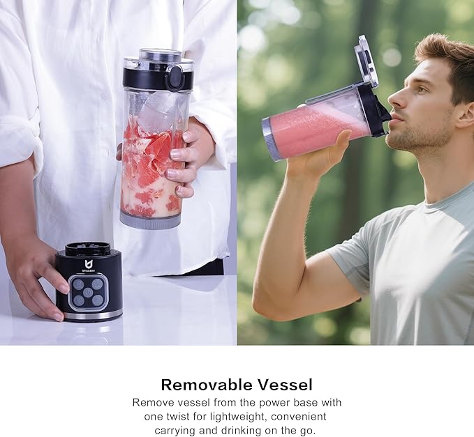 UTALENT Cordless Portable Blender, 25 oz removable Vessel,Powerful Personal Blender, for Smoothies, Ice Crush, 4 Programs, Leakproof-Lid & Sip Spout, USB-C Rechargeable, Dishwasher Safe Parts, Black