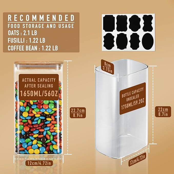 56oz Rectangle Airtight Glass Storage Containers with Bamboo Lids (Set of 3), Square Food Storage Jar, Pantry Organizers for Oats, Cereal, Pasta and Coffee beans (with Black Lable)