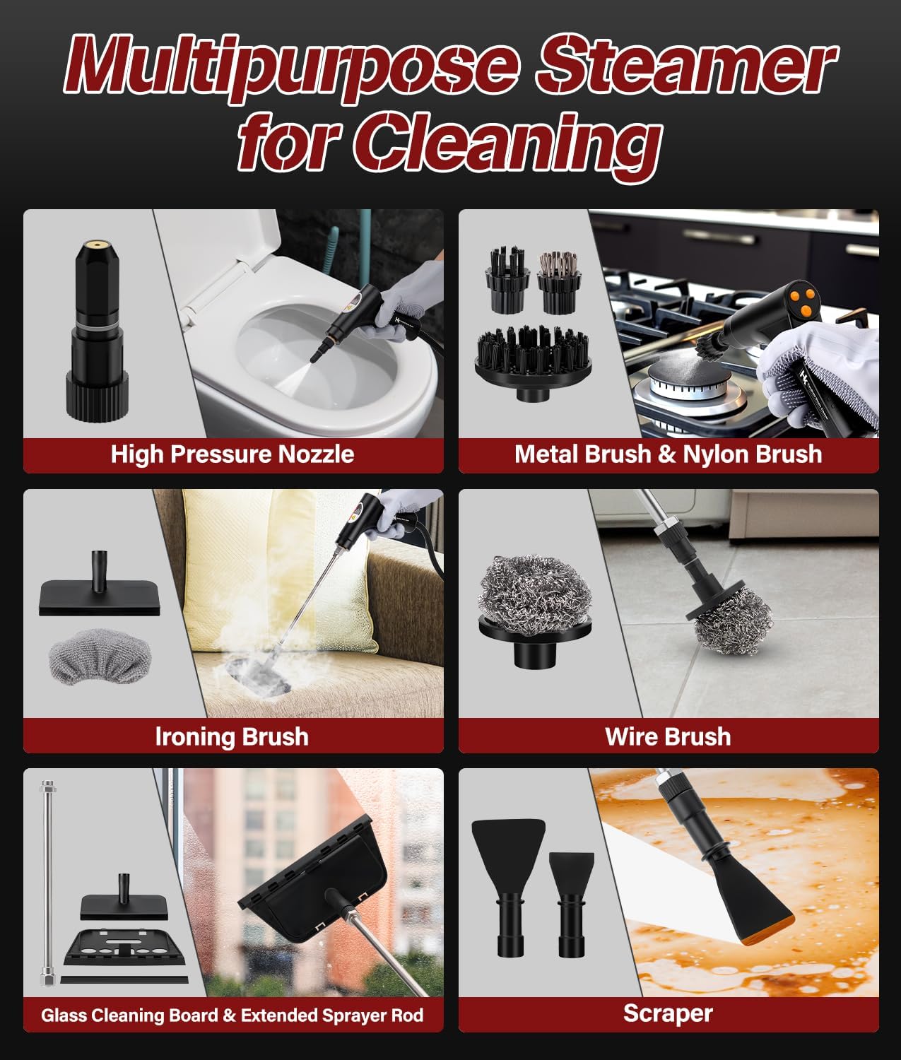 HK Steam Cleaner,10s Heat-Up,1.2L Tank, 6-Level Adjustable Handle,1500W Steamer for Cleaning, Portable Steamer for Cleaning with 20PCS Accessories, Steam Cleaner for Home,Car,Dirt,Grease,Grout,Tile