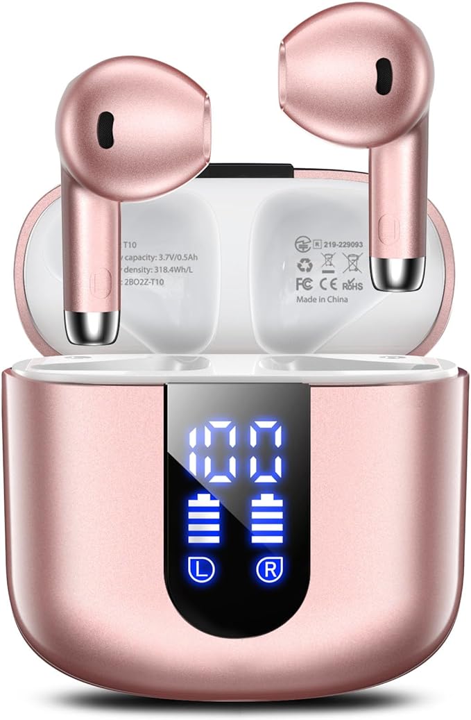 Wireless Earbuds, Bluetooth Headphones with Deep Bass Stereo, 48H Playback Ear Buds with LED Power Display Charging Case, IPX7 Waterproof in-Ear Earphones with Mic for iPhone, Android Phone, Rose Gold