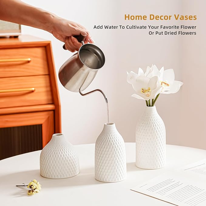 3 Piece Vase Set -White Ceramic Vase for Flowers for Office, Kitchen, Bedroom, Living Room, Bathroom & Shelf Centerpiece Table, Bookshelf - Home Decorative Vase Ideal Gift