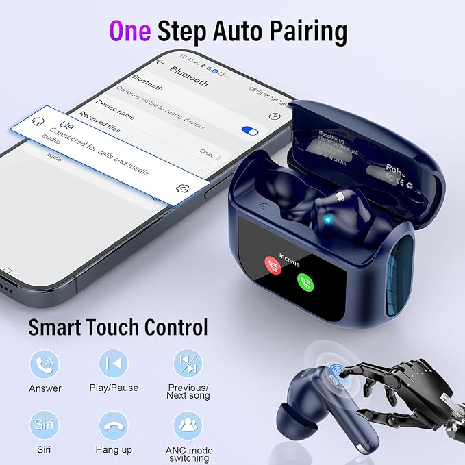 Wireless Earbuds, Bluetooth 5.4 Ear Buds with Multifunctional Touch Screen, 48H Bass Stereo Headphones with ANC/ENC Noise Cancelling/Transparency Mode, IPX7 Earphones with 5 EQ Modes, Dark Blue