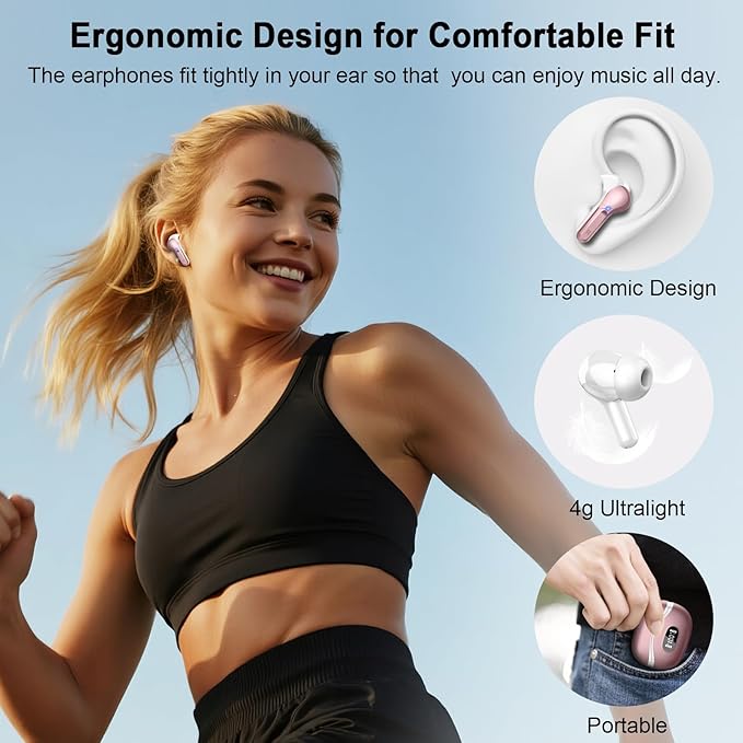Wireless Earbuds, Bluetooth Headphones 5.4 HiFi Stereo, Ear Buds with 4 ENC Noise Cancelling Mics, 48H Bluetooth Earbuds with Dual LED Display, IP7 Waterproof Earphones for Android iOS, Rose Gold