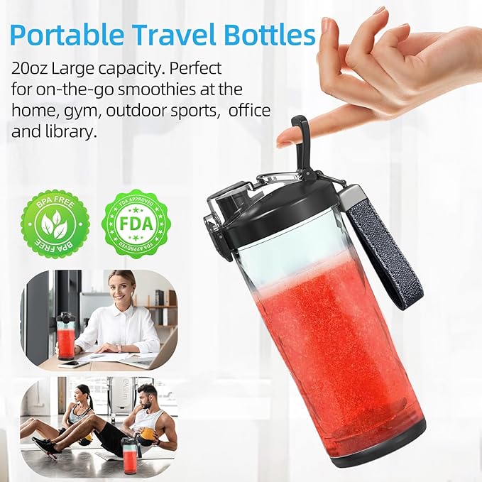 DENOKIN Portable Blender 20oz Vessel, Cordless Personal Size Blender for Shakes and Smoothies with 6 Blade Small Blender for Kitchen, Home, Travel