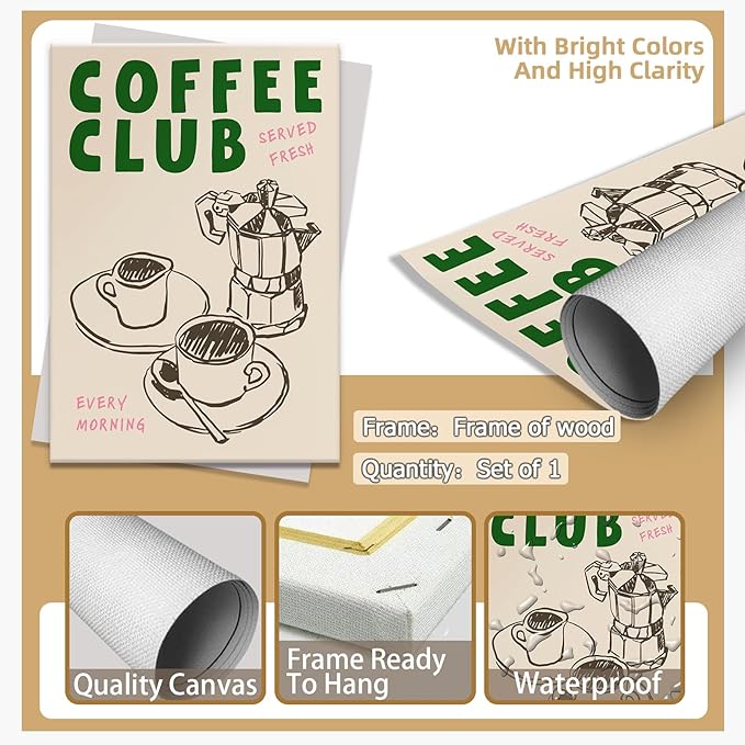Vintage Coffee Club Wall Art Served Fresh Every Morning Sign Canvas Print Poster Sketch Moka Pot And Cups Minimalist Home Decor Aesthetic Pictures for Kitchen Bar Cafe Dining Room 16x24inch Framed
