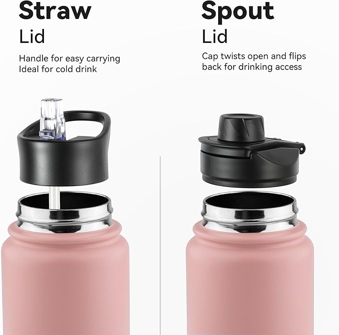 24oz Insulated Water Bottle with Straw Lid, Stainless Steel Metal Water Bottle with Straw & Wide Mouth Lid, Double Wall Vacuum for Hiking Camping, Pink 8 Pack