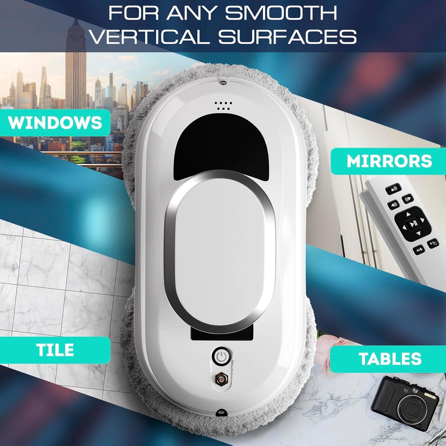 White Automatic Window Cleaner Robot W100, 11.8 x 5.9 x 4.7 Inch with 3 Modes and 10 Cloth Pads. Window Vacuum Cleaner for Windows Without Water Spray. Automatic Glass Cleaner Vacuum, 72dB