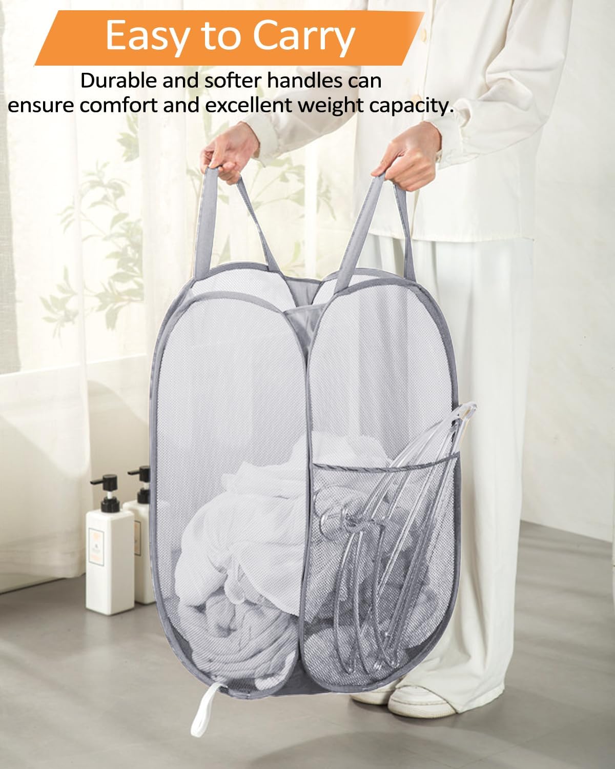 2 Pcs Durable Collapsible Laundry Baskets - Reinforced Mesh Pop Up Laundry Hamper with Pocket, Foldable Dirty Clothes Hamper with Carry Handles for Laundry, Bathroom, Kids Room, Dorm or Travel Grey