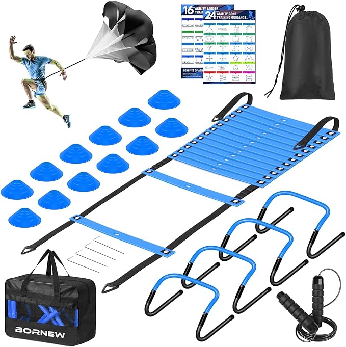 Soccer Agility Speed Training Equipment, Football Practise Set with 20 ft Agility Ladder, 12 Cones, 4 Adjustable Hurdles, Jump Rope, Parachute, for Basketball, Football, Kids, Youth, Adults