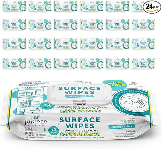 24 Pack Surface Cleaning Wipes with Bleach, All-Purpose Cleaner for Bathroom, Kitchen, Office, 1728 Count Soft Flow, Fresh Scent, Lint Free & Durable