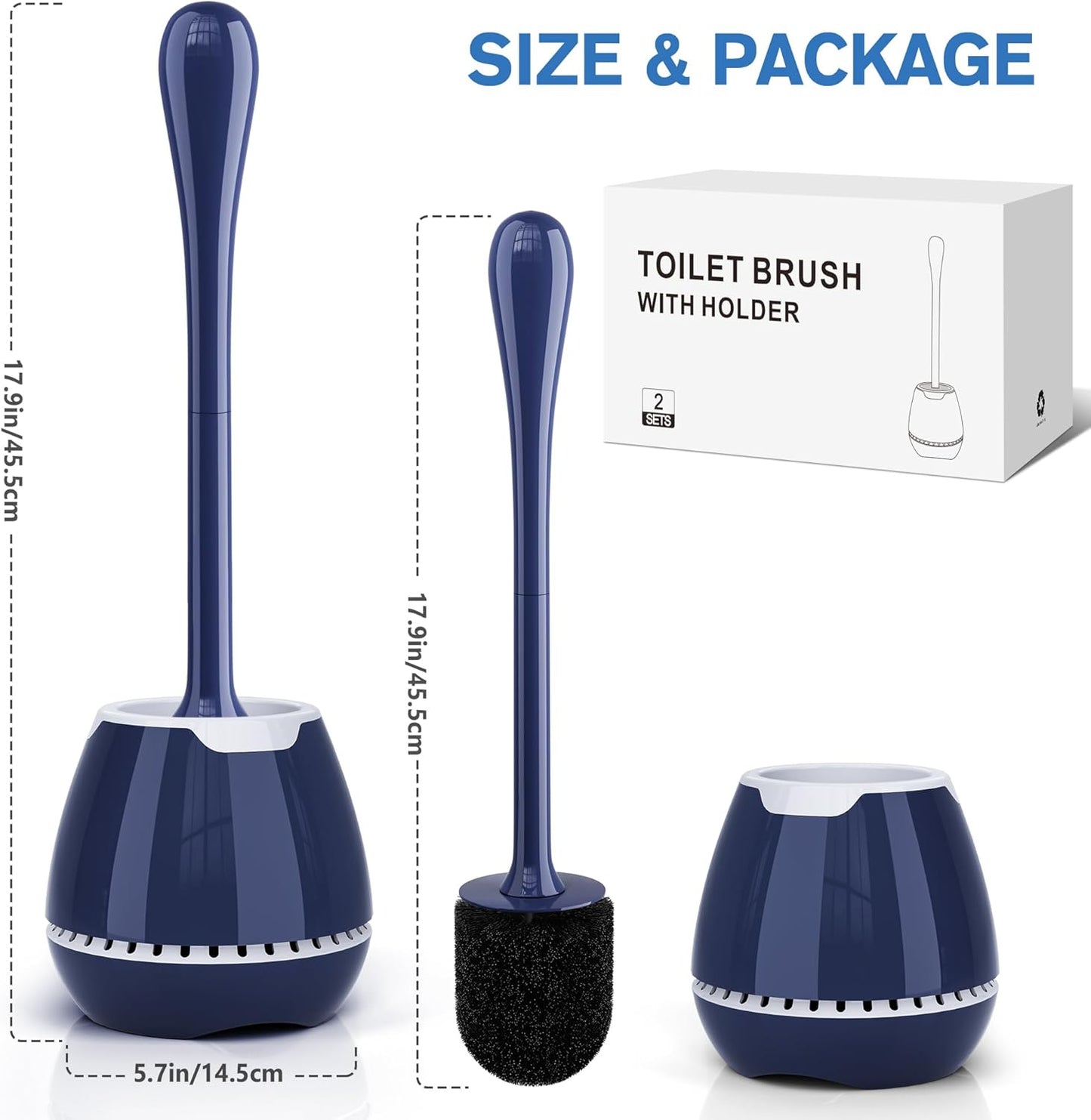 UPTRONIC Toilet Brush 2 Pack, Blue, Nylon Bristles, Ergonomic Handle, Ventilated Holder, Bathroom Cleaning
