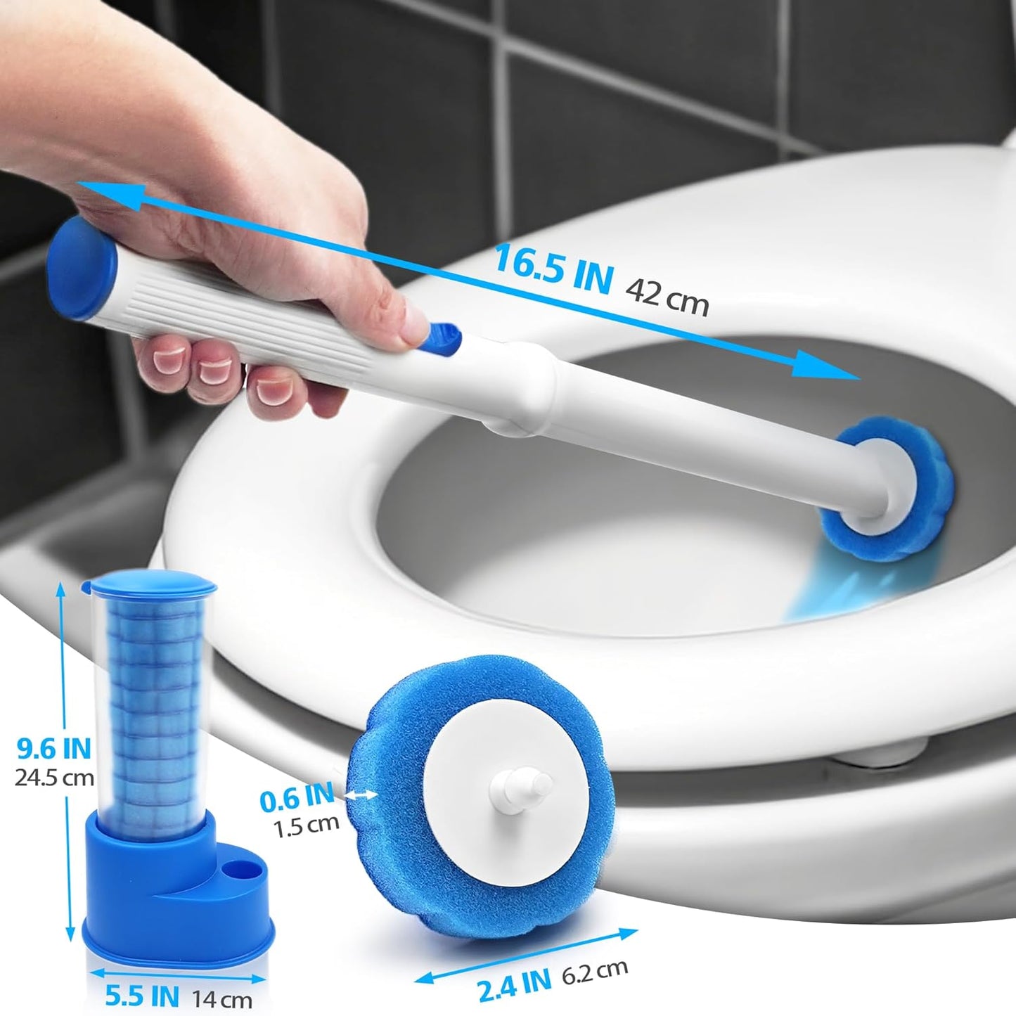 NEWE Disposable Toilet Brush with Tweezers, Toilet Bowl Wand Holder Set with 42PCS Cleaner Refills, Bathroom Cleaning System for Sink Bathtub Drain Wash Basin Urinal (Blue)