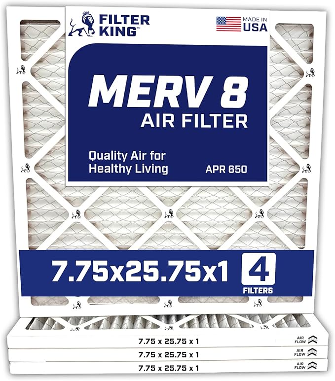 Filter King Air Filters 7.75x25.75x1 | 4-PACK | MERV 8 HVAC Pleated AC Furnace Filters | Air Purifier | Replacement Filters for Clean, Healthy & Fresh Environment | MADE IN USA