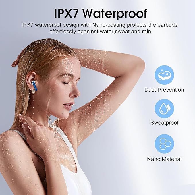 Wireless Earbuds, Bluetooth 5.4 Headphones with 3D Bass Stereo, 40H Ultralight in-Ear Buds, Bluetooth Earbuds with 4 ENC Noise Cancelling Mic, USB-C, IP7 Waterproof Earphones for Android iOS, Blue