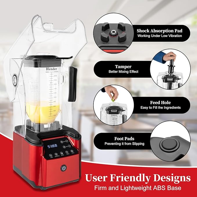 Professional 2.2L/74.4oz Commercial Smoothie Food Processing Blender for Shakes and Smoothies, 2200W Power Blender with Soundproof Shield for Fruits, Frozen Drinks