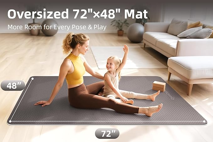 Extra Large Yoga Mat - 72"x35", 72"x48", 78"x57" - Wide TPE Exercise Mat for Home, Stretching, Couples & Family Workouts - 6-12mm Thick, Non-Slip & Waterproof - with Carry Bag and Straps
