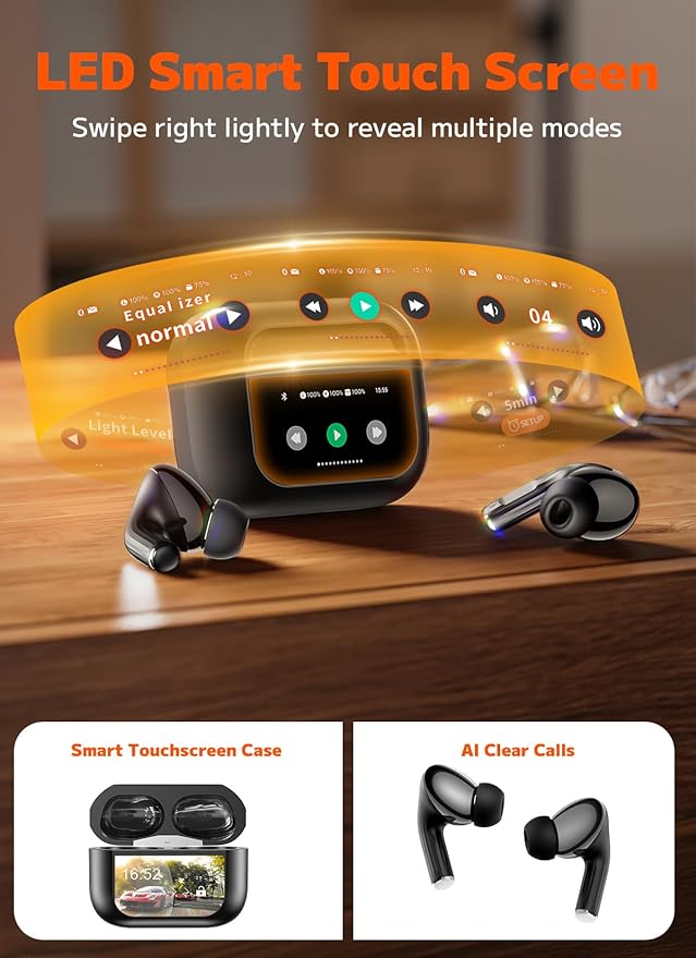 Wireless Earbuds, ANC/ENC Noise Cancelling Ear Buds with Smart Touchscreen Case, 48H Playtime for Sports & Working, Bass Stereo Sound, Bluetooth 5.4 Headphones for iPhone/Android
