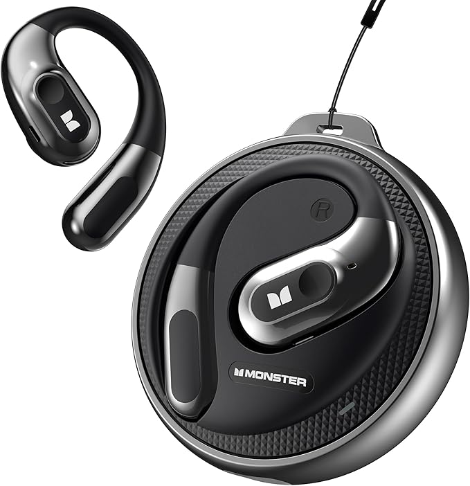 Monster Open Ear Headphones AC330, Wireless Earbuds Bluetooth 5.4 with Clear Talk, Stylish Rotating Case with Lanyard, Type-C Charging, Comfort Fit, 24H Playback, IPX5 Water Resistant, Black
