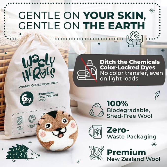 No More Dryer Sheets! Reusable Wool Dryer Balls XL 6-Pack - Reduces Static, Cuts Dry Time, & Softens Naturally