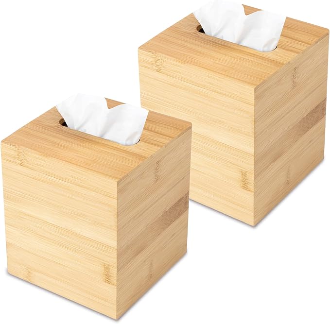 JUSK Design Tissue Box Holder - Modern, Minimalist, and Durable Wooden Tissue Box with Sliding Bottom, Easy-Refill - Premium-Quality Bamboo Tissue Box Cover, Square, Pack of 2