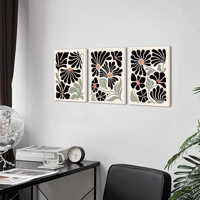 Hwetui Boho Wall Art Set of 3 Abstract Black flowers Plant Poster Vintage Green Floral Canvas Prints Neutral Home Decor Aesthetic Bohemian Artwork Painting Pictures for living room16''x24''Framed