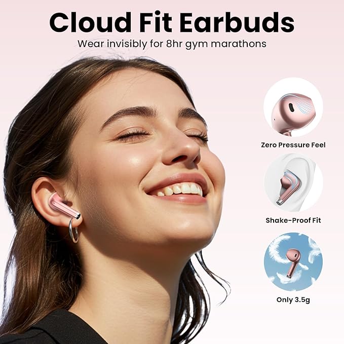 Wireless Earbuds, Bluetooth Headphones with Deep Bass Stereo, 48H Playback Ear Buds with LED Power Display Charging Case, IPX7 Waterproof in-Ear Earphones with Mic for iPhone, Android Phone, Rose Gold