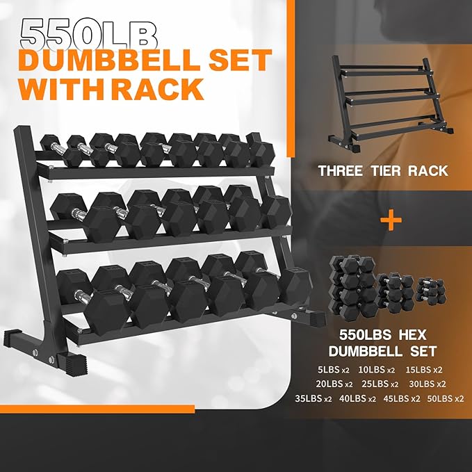 Mikolo Dumbbell Sets with Rack, Rubber Hex Dumbbells, Multiple Choices in 160/200/380/450/550LB, Hand Weights with Chrome Handle for Strength Training