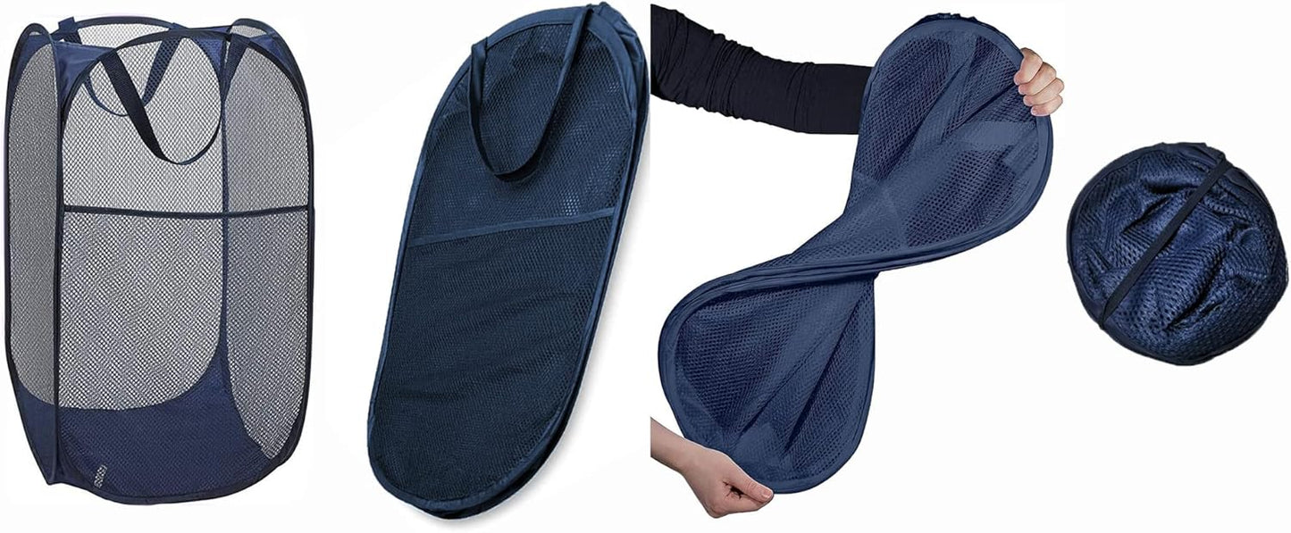 2 Packs Mesh Pop up Laundry Hamper (Black/Navy Blue) with Portable Durable Handles, Collapsible for Storage, Folding Pop-Up Clothes Hampers for Kids Room, College Dorm or Travel