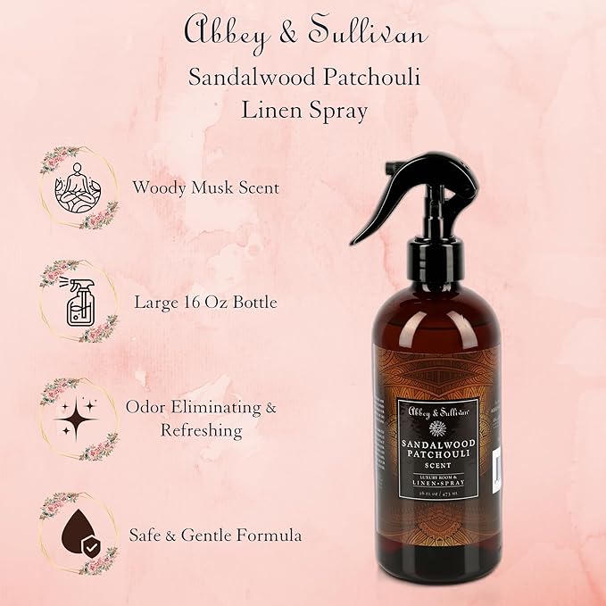 Abbey & Sullivan Odor Eliminating and Refreshing Linen and Room Spray, Sandalwood Patchouli, 16 oz.