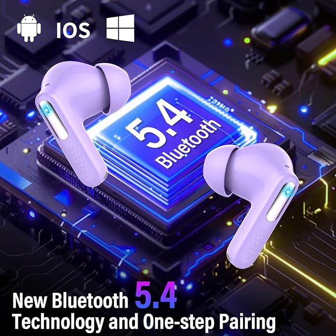 Wireless Earbuds, Bluetooth 5.4 Headphones with Multifunction Touch Screen, 48H Deep Bass Stereo Ear Buds, 5 EQ Modes, ANC/ENC Noise Cancelling, Transparency Mode, IPX7 Earbuds, Purple