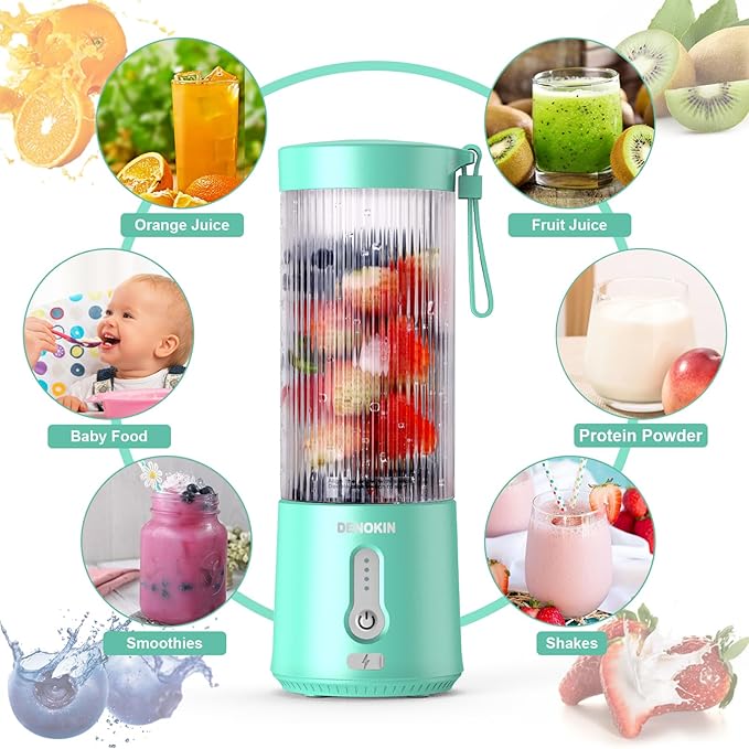 DENOKIN Portable Blender 16oz Vessel, Cordless Personal Size Small Blender for Shakes and Smoothies with 6 Blade for Kitchen, Home, Travel