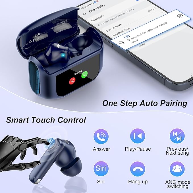 Wireless Earbuds, Bluetooth 5.4 Headphones Multi-Function Touch Screen with 5 EQ Modes, 48H Ear Buds Bass Stereo with ANC Noise Cancelling/Transparency Mode, IPX7 Bluetooth Earbuds, Dark Blue