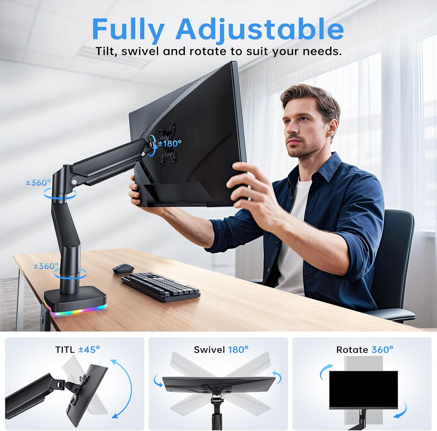 RGB Single Monitor Stand, Gas Spring Monitor Arm with 3 USB Ports, Charging and USB Data Transfer Function, Desk Mount for 13"-32" Monitors up to 17.6lbs, Adjustable Height, Tilt, Swivel, Rotate