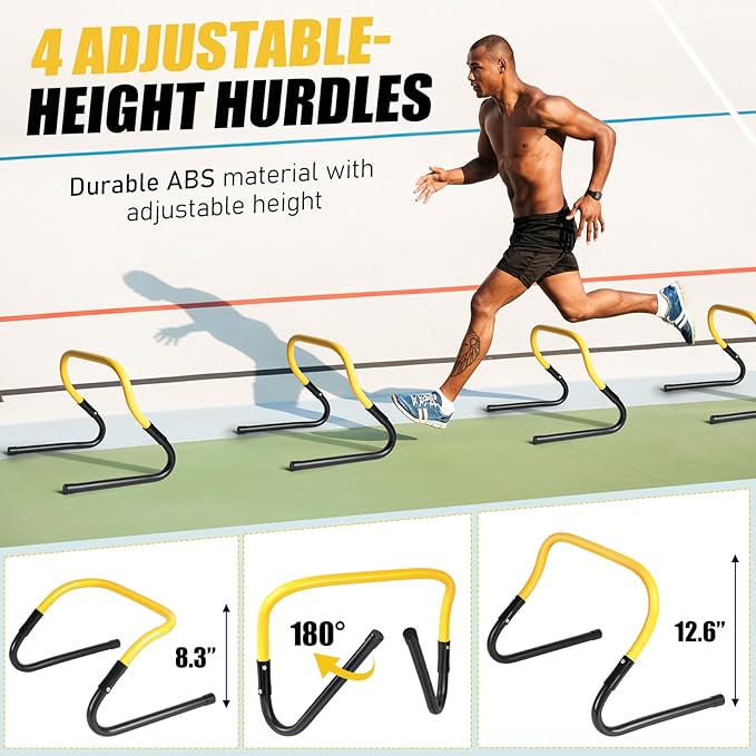 Soccer Agility Speed Training Equipment, Football Practise Set with 20 ft Agility Ladder, 12 Cones, 4 Adjustable Hurdles, Jump Rope, Parachute, for Basketball, Football, Kids, Youth, Adults