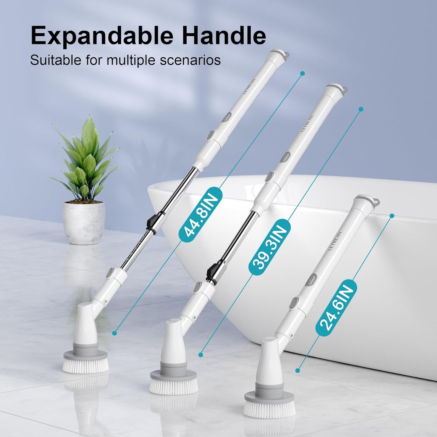 Ultrean Spin Brush, Cordless Electric Spin Scrubber with 4 Replaceable Brush Heads Adjustable Extension Handle, 2 Speed Shower Scrubber for Cleaning Bathroom, Tile, Floor, Tub