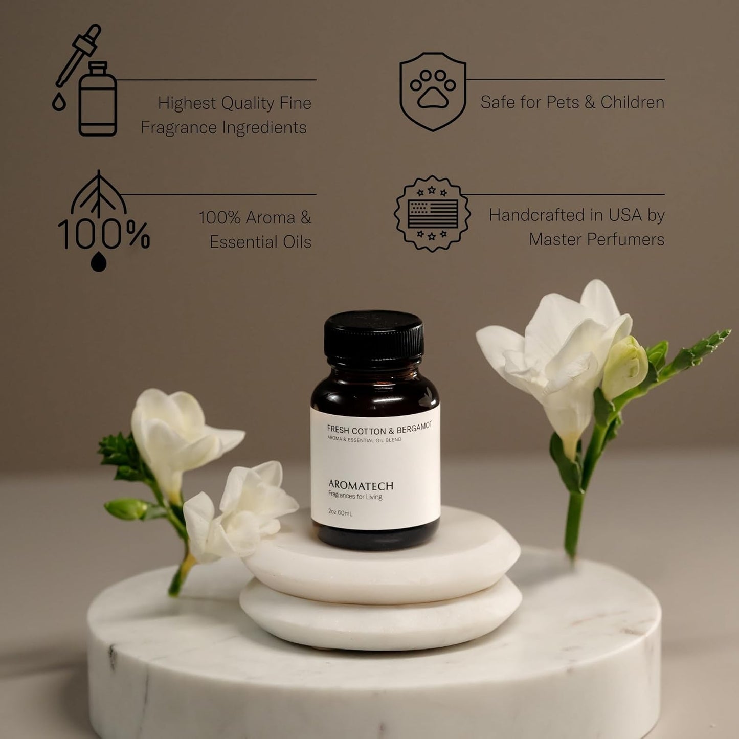 AromaTech Ambience Scent Diffuser for Essential Oil Blends & Fragrances – Waterless Scent Machine w/Bluetooth for Home, Bathroom Boutiques, Hotel, Spa – White Stone with 60 ml Oil