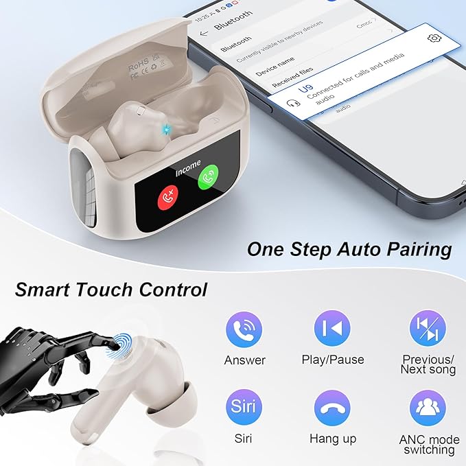 Wireless Earbuds, Bluetooth 5.4 Headphones Multi-Function Touch Screen with 5 EQ Modes, 48H Ear Buds Bass Stereo with ANC Noise Cancelling/Transparency Mode, IPX7 Bluetooth Earbuds, Off White