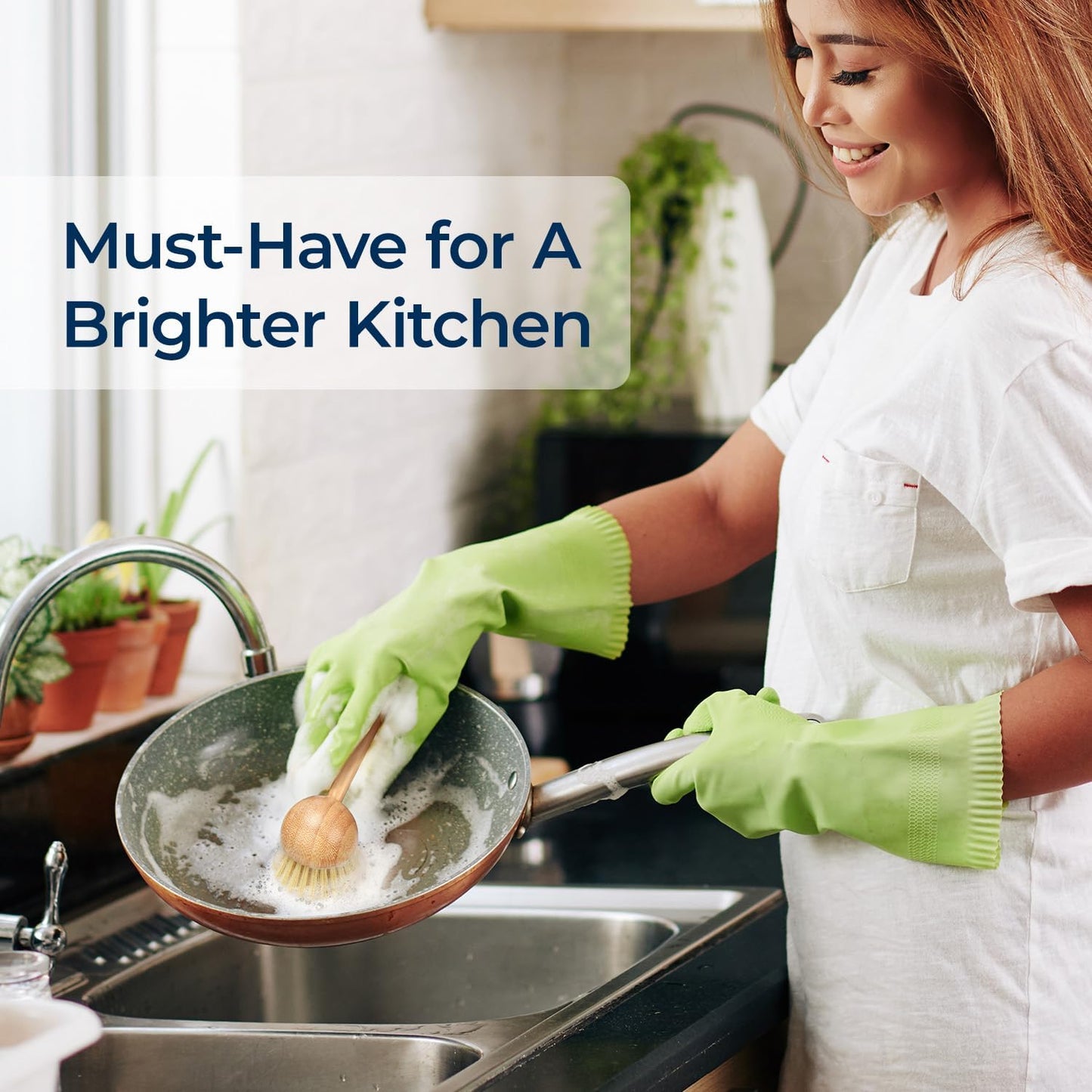 2 Pack Dish Brush with Handle, Bamboo Dish Scrub Brush, Kitchen Brushes for Dishes, Scrubber, Pots, Pans, Sink, Dishwashing Cleaning Brush