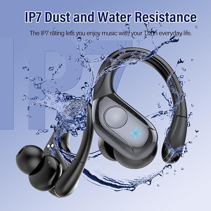 Wireless Earbuds Bluetooth 5.4 Headphones Sports, 75H Stereo Deep Bass Over Ear Buds with Earhooks, Bluetooth Earbuds with 4 ENC Mic, LED Display, IP7 Waterproof Earphone for Running, Black