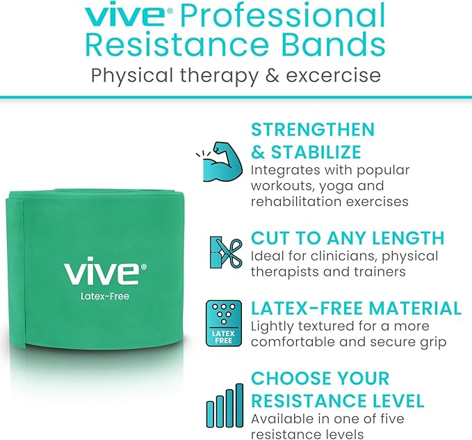 Vive Professional Resistance Bands - 25 Yard Non-Latex Roll for Physical Therapy, Lower and Upper Body Exercise Workout - Straight Elastic for Strength Training, Rehabilitation, Women, Men