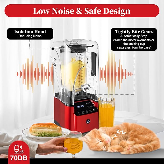 Professional 2.2L/74.4oz Commercial Smoothie Food Processing Blender for Shakes and Smoothies, 2200W Power Blender with Soundproof Shield for Fruits, Frozen Drinks