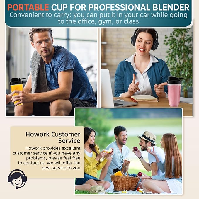 HOWORK Blender for Smoothies, 750W Personal Blender, 56 Oz Glass Jar, 16oz Portable Cups,2+P speed, 3 Functions for Smoothies, Frozen Drinks & Ice Cream,Grey
