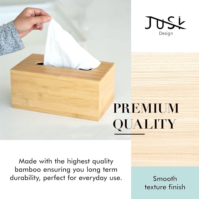 JUSK Design Tissue Box Holder, Modern, Minimalist, and Durable Wooden Tissue Box with Sliding Bottom, Easy-Refill Premium-Quality Bamboo Tissue Box Cover, Fits 184-Count Box, Rectangular