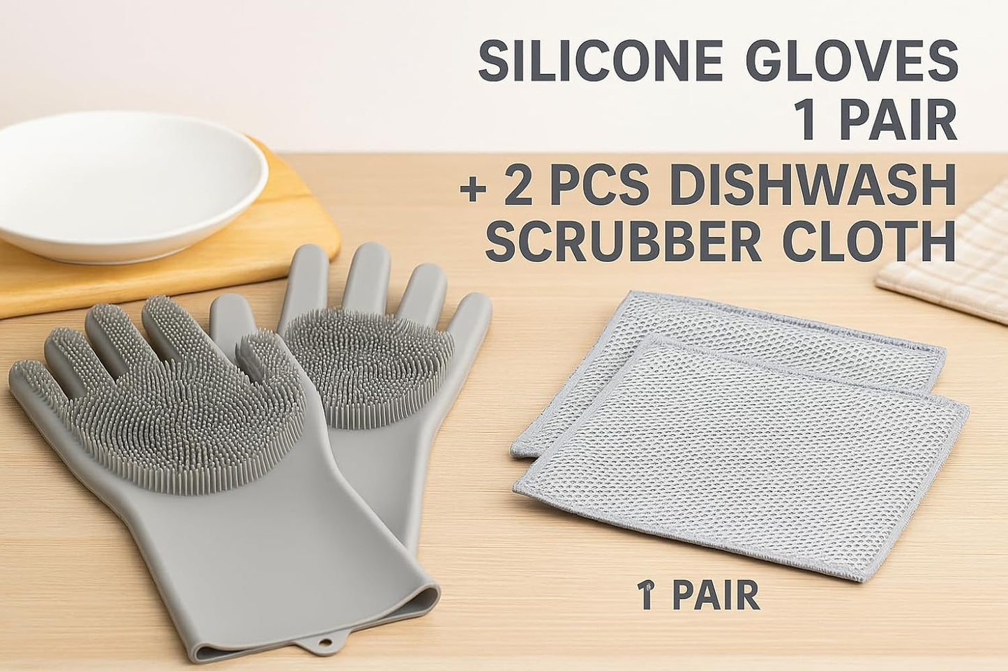 Silicone Gloves with Built-in Scrubbing Bristles +2 Wire Mesh Dishwashing Scrubber Cloths Reusable Cleaning Gloves & Kitchen (Grey)