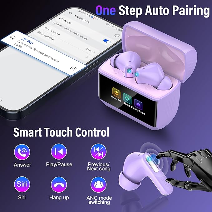 Wireless Earbuds, Bluetooth 5.4 Headphones with Multifunction Touch Screen, 48H Deep Bass Stereo Ear Buds, 5 EQ Modes, ANC/ENC Noise Cancelling, Transparency Mode, IPX7 Earbuds, Purple