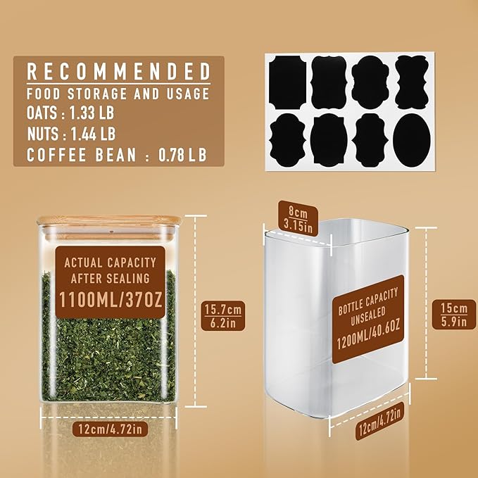 37oz Rectangle Airtight Glass Storage Containers with Bamboo Lids (Set of 4), Square Food Storage Jar, Pantry Organizers for Cereal, Nuts, Snacks and Coffee beans (with Black Lable)