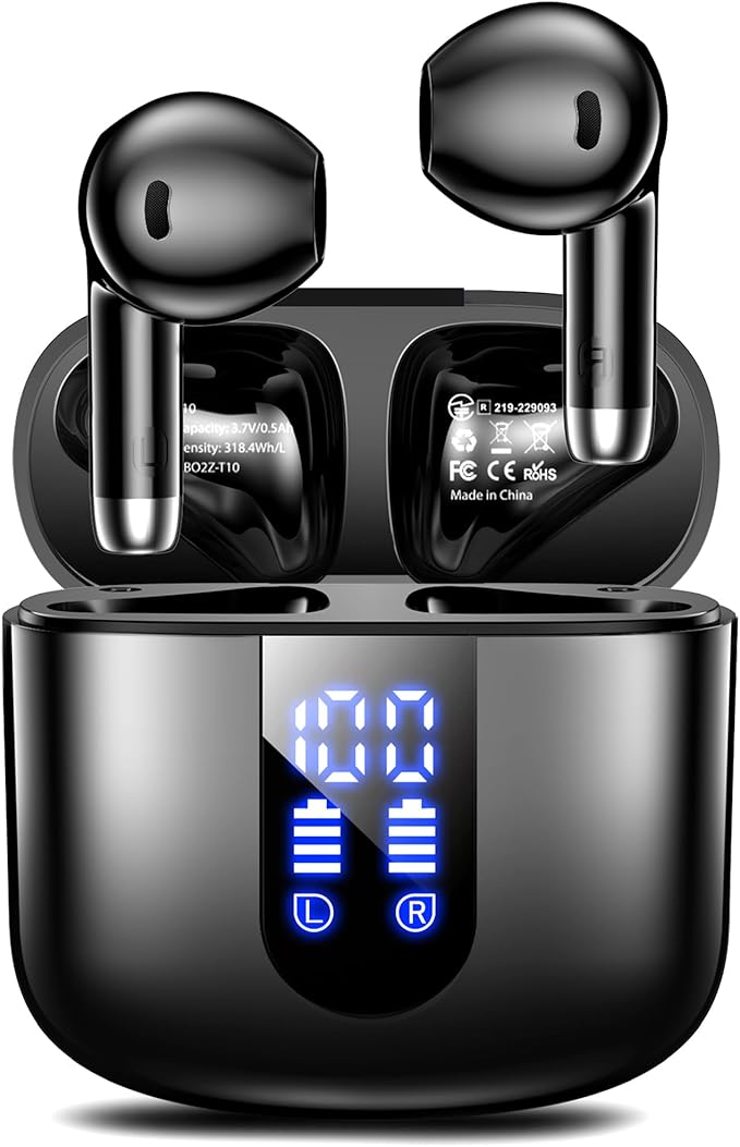 Wireless Earbuds, Bluetooth Headphones with Deep Bass Stereo, 48H Playback Ear Buds with LED Power Display Charging Case,Lightweight, IPX7, in-Ear Earphones with Mic for for Phone Tablet Laptop, Black